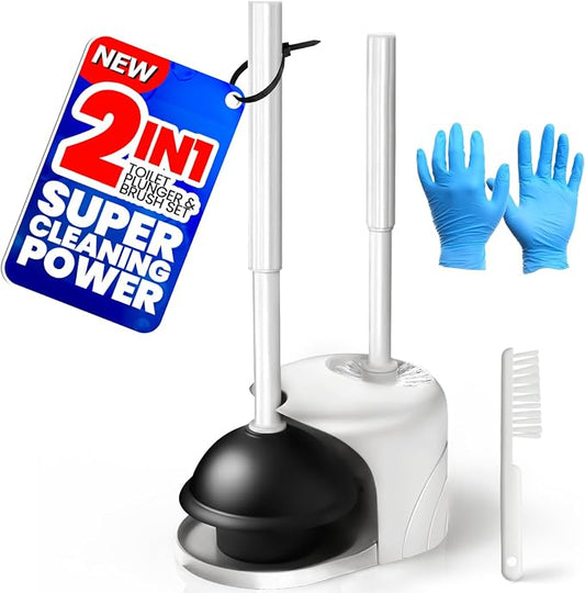4in1 Toilet Plunger and Brush Set - Home Bathroom Cleaning Tools | 21", Groove Gap Brush, Cleaning Gloves, Heavy Duty Toilet Bowl Cleaner, Apartment Must Haves Bathroom Decor, White