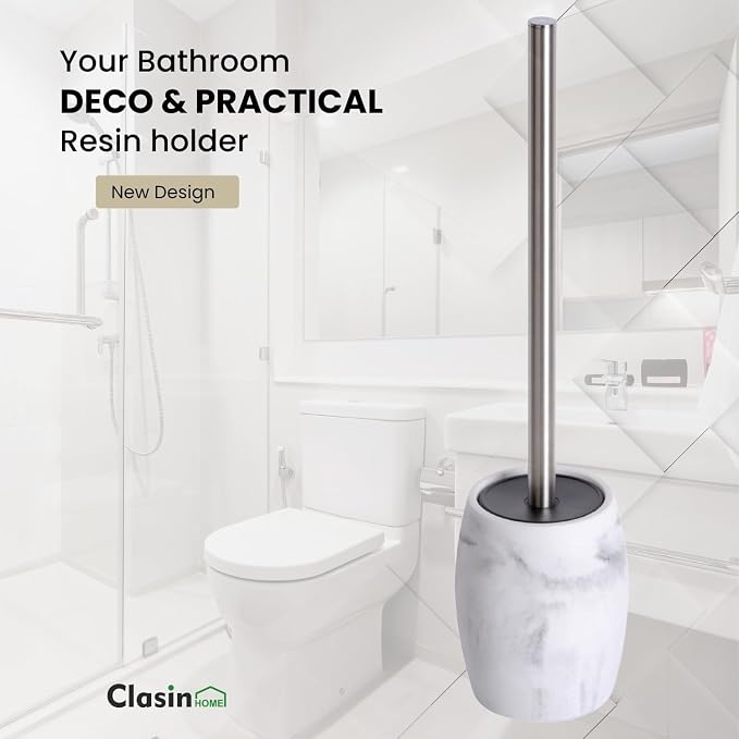 Clasin Home Toilet Bowl Brush and Holder with Stainless Steel Long Handle, Toilet Scrubber Brush with Durable Base, 360° Deep Cleaning Bristles for Bathroom, Compact Set for Small Space (White)