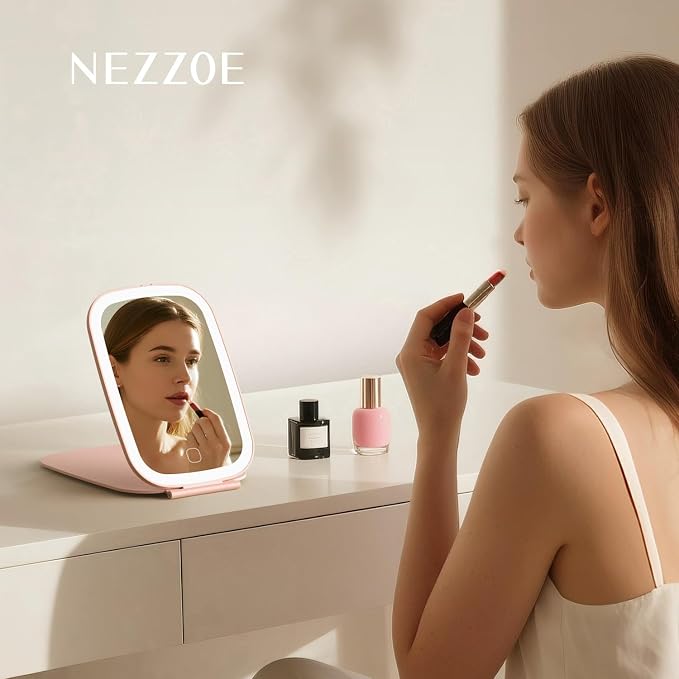 NEZZOE Rechargeable Travel Makeup Mirror with LED Light, 7x5 Inch, Pink