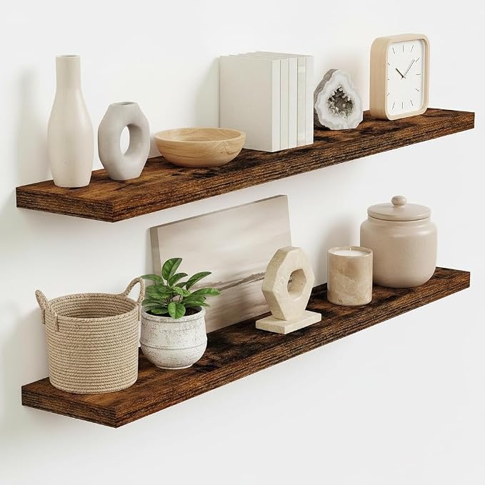 Vivelove Floating Shelves 9 inch Deep 40”Long Set of 2, Rustic Brown | Easy Install With Hardware, 1.5" Thick, Invisible Brackets, Wall Mounted, No Sagging, For Any Room