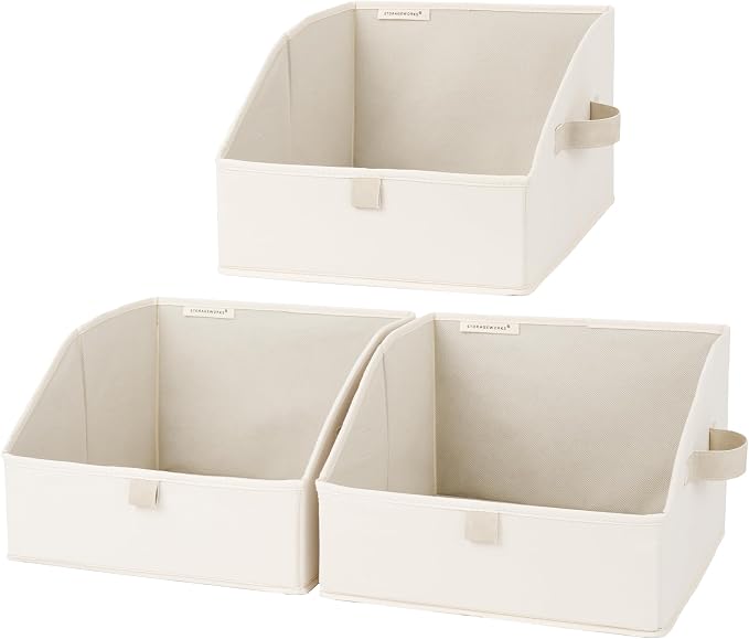 StorageWorks Closet Storage Bins Trapezoid, Beige, Small, 3-Pack | Closet Organizer Bins for Closet Shelves, Cube Storage, Fabric Clothes Bin, Foldable Organizing Baskets with Handles