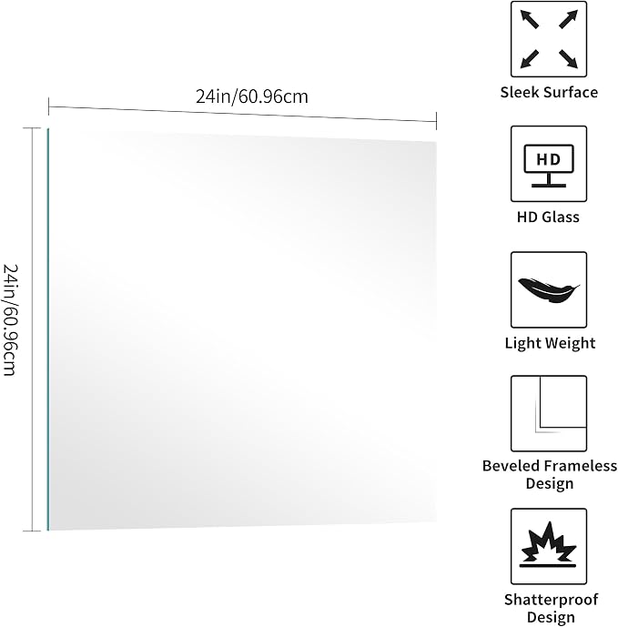 KOCUUY Frameless Mirror, 24"x24" Bathroom Mirror for Over Sink, Upgraded Shatterproof, Large Rectangle Unframed Mirror for Wall, Bathroom, Bedroom, Living Room, Entryway, Hang Horizontal/Vertical