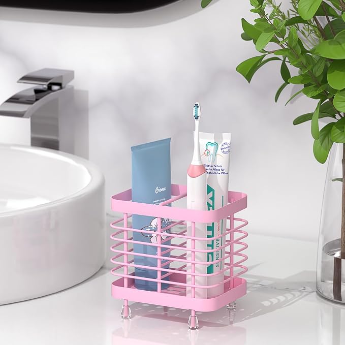 Luxspire Toothbrush Holders for Bathroom, Stainless Steel, 2 Slots, Pink | Wall Mounted ，Electric Toothbrush Holder, Toothbrush and Toothpaste Holder, Bathroom Organizer Essentials