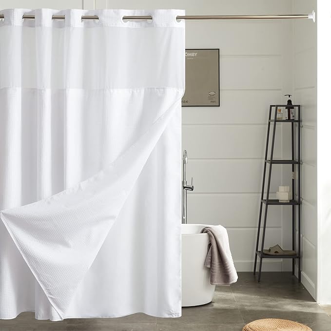 Furlinic 84 in Long Waffle Weave No Hook Shower Curtain with Waterproof Snap in Liner,White Thick Textured Bathroom Curtains with Top Window,Machine Washable & Hotel Quality,71x84 Inch