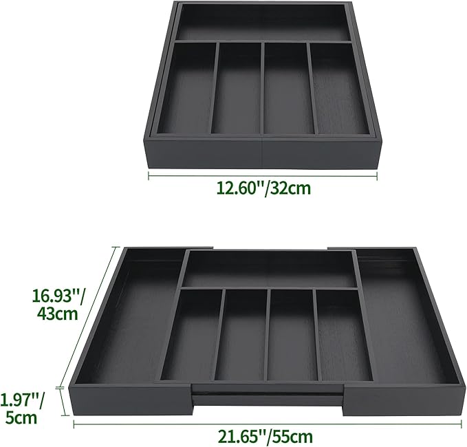 VaeFae Bamboo Drawer Organizer, Large, Black | Cutlery Drawer Holder, Drawer Divider for Silverware, Flatware，43 cm D x 32-55 cm W, 5-7 Slots, Black