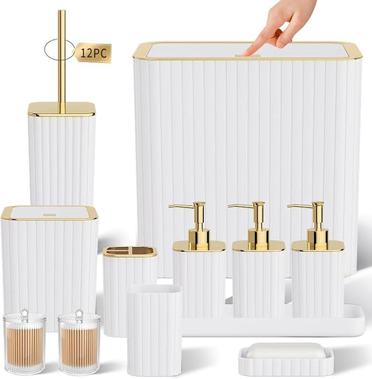 Bathroom Accessory Set - Bathroom Set, 12PC Bathroom Accessories Set, White Bathroom Accessories Set, Mini Trash Can, Toilet Brush, Trash Can & Soap Dispenser