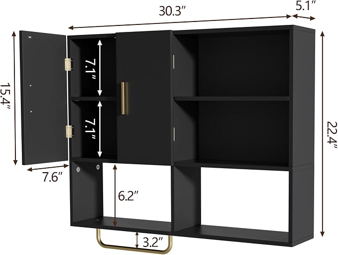 Bathroom Wall Cabinet Wood Large Wall Mounted Medicine Cabinet with 2 Doors and 4 Open Shelves Over Toilet Storage Cabinet Organizer with Towel Bar, Black