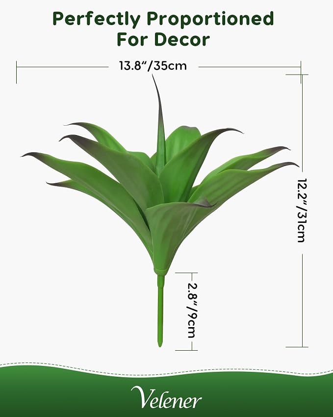 Velener 13.8 Inch Artificial Agave Plants, UV Resistant Fake Outdoor Plants, Small Faux Plants for Indoor Decor(Green)-2 Pack