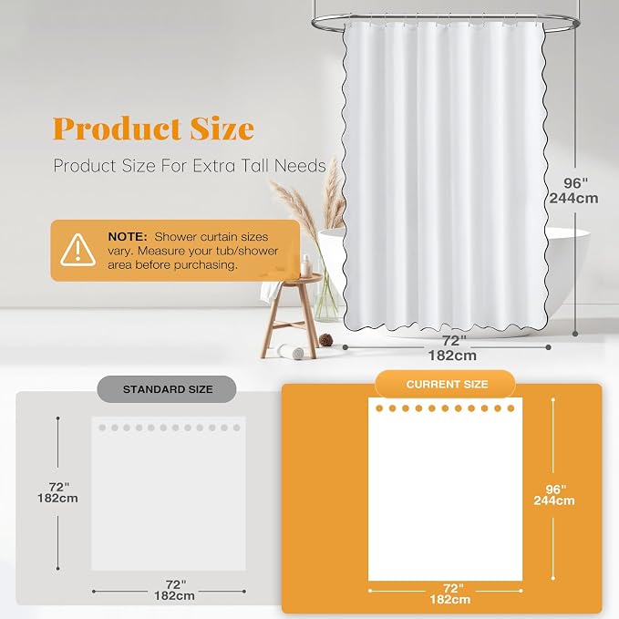 Extra Long Boho Scalloped Linen Textured Shower Curtain, 72x96, White | Extra Tall Size, 230GSM Waterproof Polyester, Heavy Duty Fabric, 12 Plastic Hooks, Elegant Farmhouse Style, Machine Washable