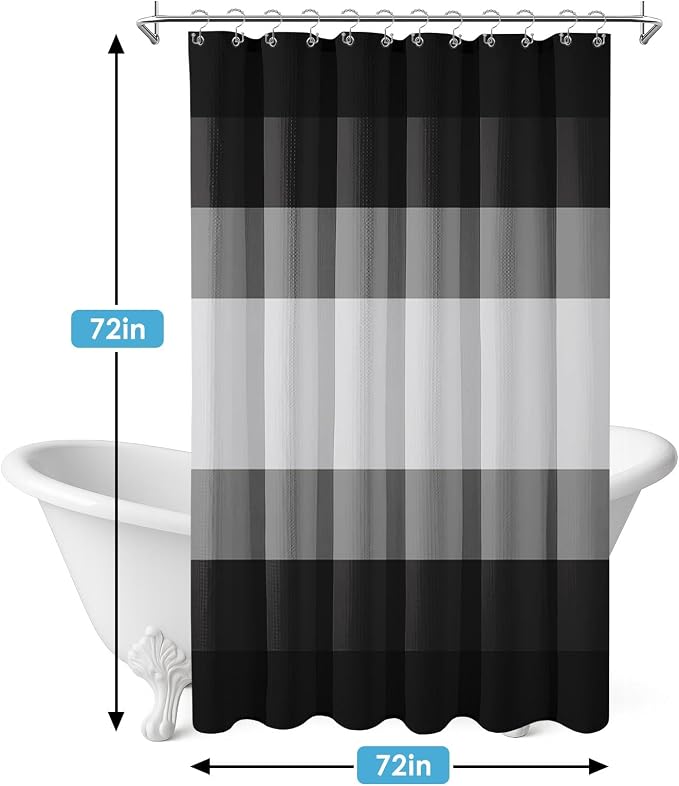 3 in 1 Shower Curtain and Liner,72 x 72 inch, Striped Grey | Black White Shower Curtain and PEVA Liner Set with 12 Rust-Resistant Metal Hooks, Waterproof Fabric Curtains for Bathroom