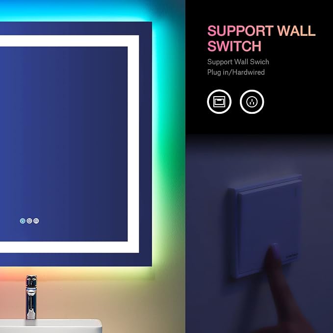 LOAAO 38"X38" LED Bathroom Mirror with Lights, Anti-Fog, Dimmable, RGB Backlit + Front Lighted, Bathroom Vanity Mirror for Wall, Memory Function, Waterproof, Tempered Glass | Anti-Fog, Dimmable, RGB Backlit + Front Lighted, Memory Function, Tempered Gl...