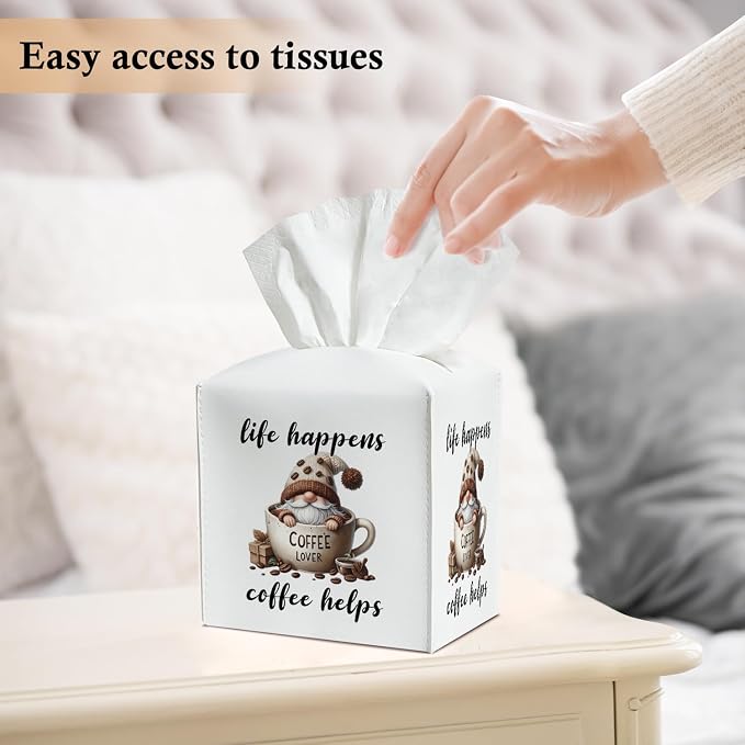 Coffee Gnomes Tissue Box Covers Square, Leather Tissue Box Holders Decorative for Home Kitchen Bar Station Organizer, Coffee Lover Gifts Square Facial Paper Organizer Home Decor -033