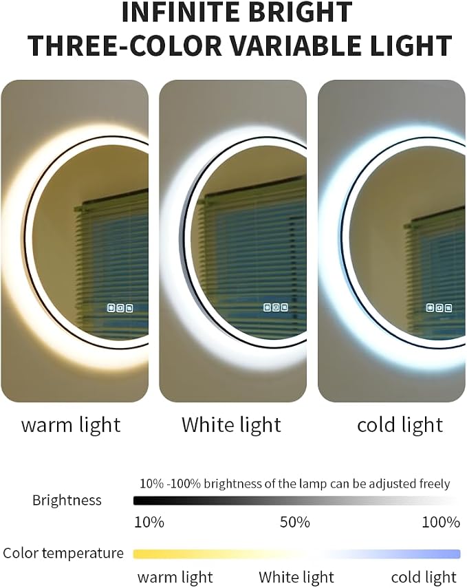 20inches Round LED Mirror,samrt Mirror Bathroom,Wall Bathroom Mirror with Light,Anti- Fog,3 Colors Dimmable,Front and Backlit,CRI90+,Touch Button