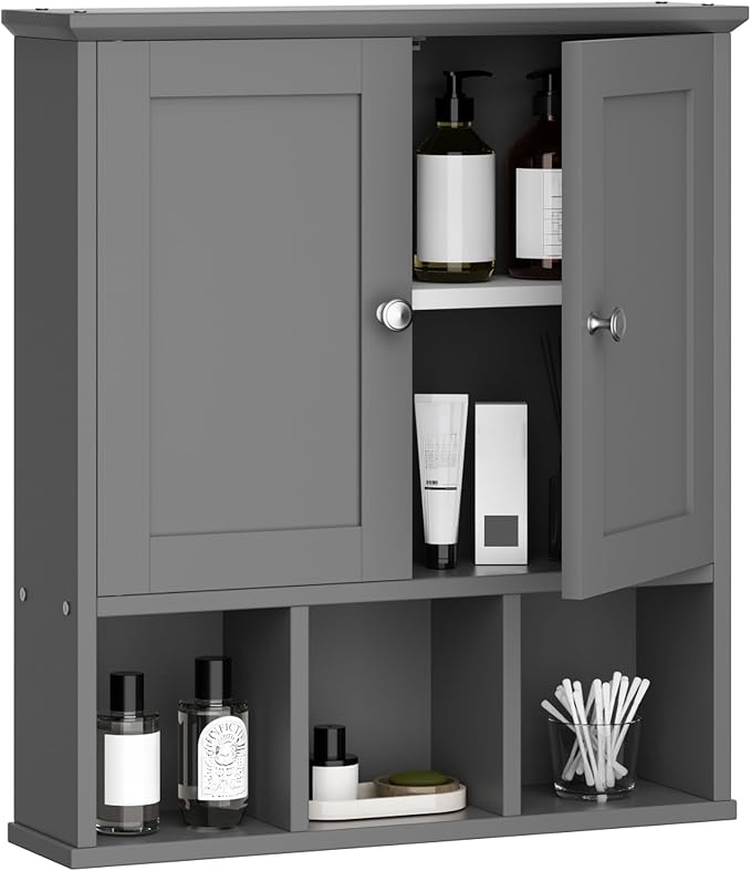 Shintenchi Bathroom Medicine Cabinet, Wall Mounted, Adjustable Shelf, Gray | Over The Toilet Cupboard, Open & Concealed Storage, 2 Magnet Doors, Space-Saving, Easy to Clean