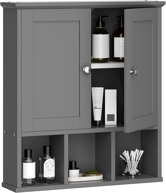 Shintenchi Bathroom Medicine Cabinet, Wall Mounted, Adjustable Shelf, Gray | Over The Toilet Cupboard, Open & Concealed Storage, 2 Magnet Doors, Space-Saving, Easy to Clean