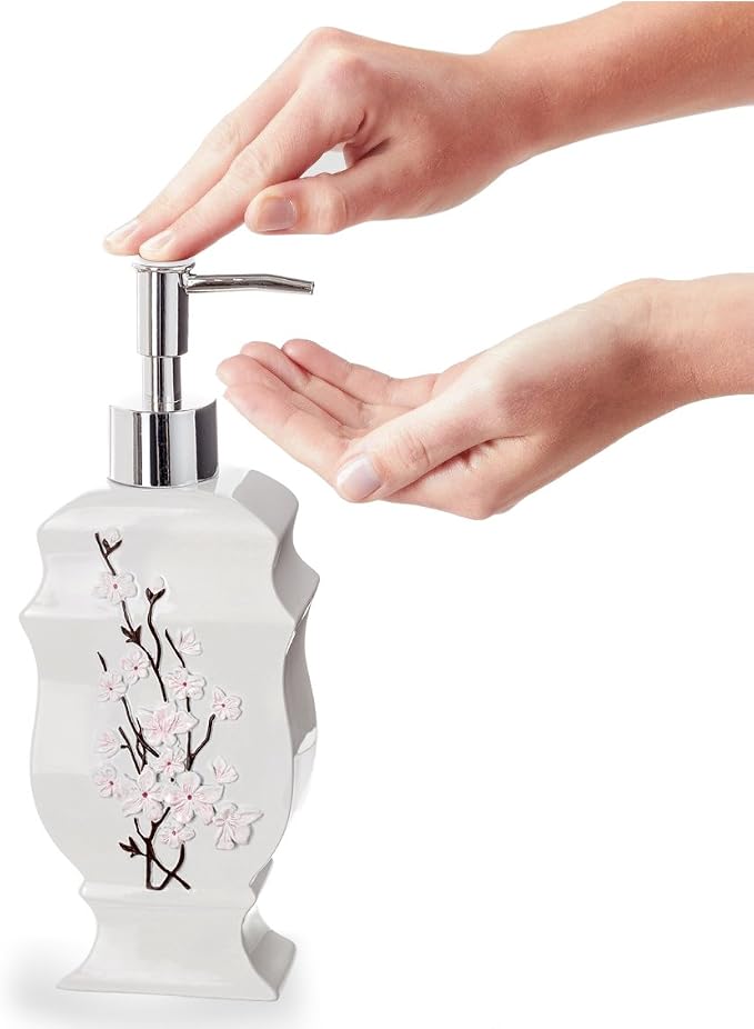 Creative Scents Vanda White Soap Dispenser Bathroom Countertop Lotion Pump | Hand Lotion Dispenser for Liquid Soap with Durable Pump, Modern Cherry Blossom Style