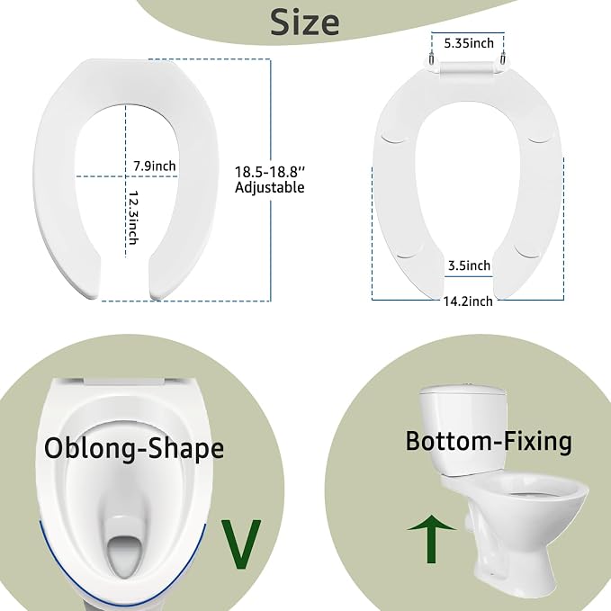 Aünsffer Commercial Toilet Seat Front Open, Commode Toilet Seat Elongated 18.5 Inch, for Hospital Hotel Church School Public WC,No Cover, Plastic, White, 2 Pack