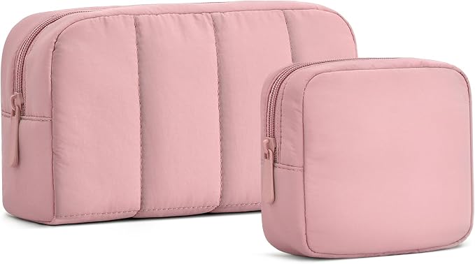 2 Pcs Makeup Bag Travel Toiletry Bag for Women Puffy Padded Cosmetic Pouch Purse Wide-open Makeup Organizer Case Travel Essentials