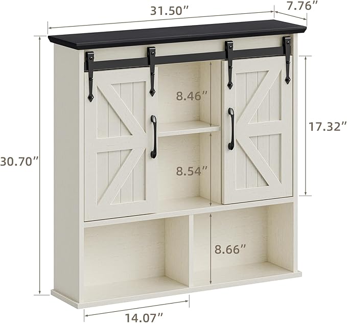 Vabches Bathroom Wall Cabinet, Farmhouse Medicine Cabinet, White and Black | Wooden Vintage Storage Cabinet Wall Mounted with Double Sliding Barn Door and Adjustable Shelf for Bathroom, Kitchen