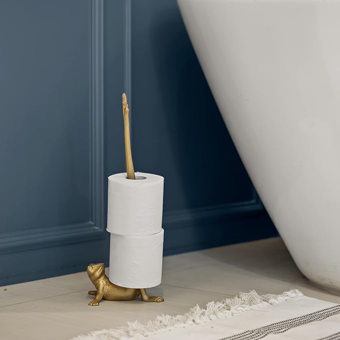 Gold Paper Towel Holder, Metal Toilet or Kitchen Paper Holder for Floor or Countertop, Gold Frog | 18.6 inch tall gold cast iron hand towel holder for kitchen countertop or bathroom with weighted base, no assembly