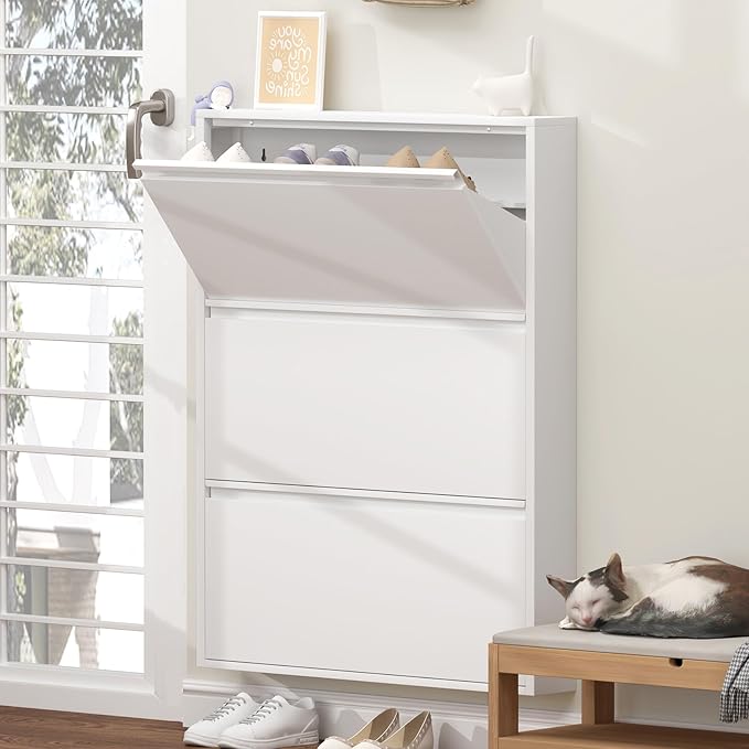 GREATMEET Shoe Rack for Closet, Slim Wall Mounted Metal Cabinet with 3 Flip Drawers, Steel Hidden Shoe Cabinet Storage for Entryway, Modern Narrow Shoe Organizer Cabinet for Mudroom, Hallway, White