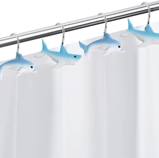 12-Piece Shark Shower Curtain Hooks for Bathroom | Dolphin Decorative Shower Curtain Hooks, Stainless Steel Shower Hangers Rings