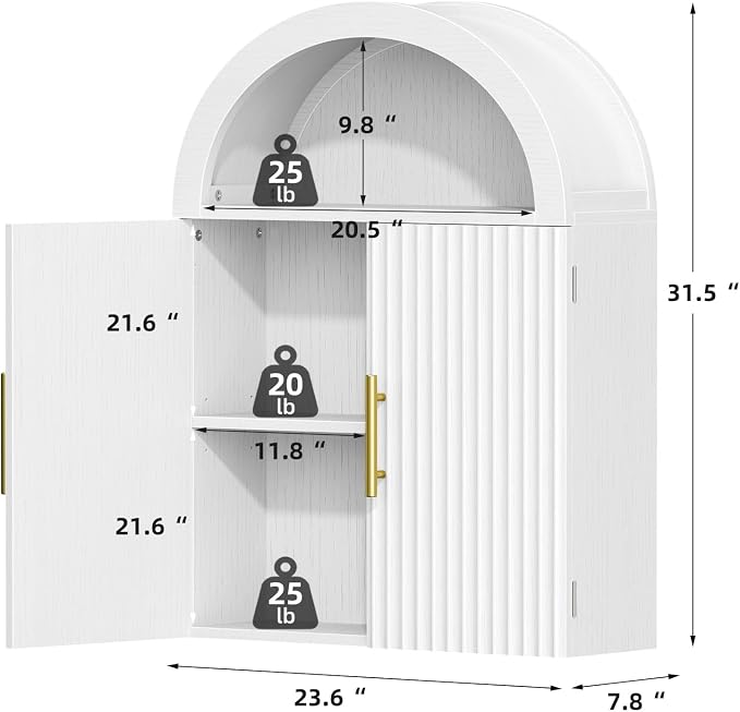 Kalrin Arched Wall Cabinet, Large Wood Bathroom Cabinet Wall Mounted Cupboard, Modern Floating Storage Cabinet with Acrylic Door Adjustable Shelf, Wood Organizer White