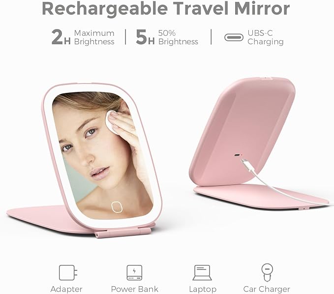 NEZZOE Rechargeable Travel Makeup Mirror with LED Light, 7x5 Inch, Pink