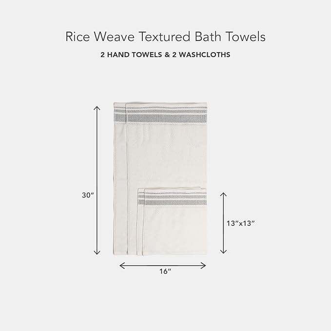 Texere 100% Organic Cotton Rice Weave Jacquard 700 GSM Luxury Bath Towel Set - 2 Hand Towels, 2 Washcloths (Rice Weave, Cream w/Blk, 2 Hand & 2 Wash Towels)