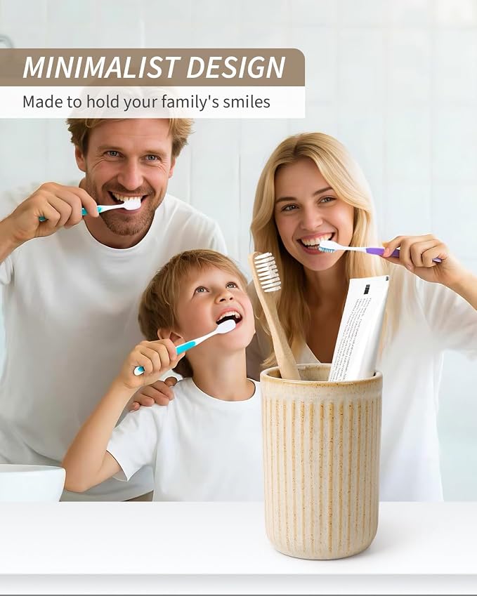 BosilunLife Ceramic Toothbrush Holder - 12oz Bathroom Toothbrush Holder Tooth Brush Holders Tumbler Cups Reusable Toothbrush Mouthwash Cup Small Toothbrush and Toothpaste Holder, Striped Greige