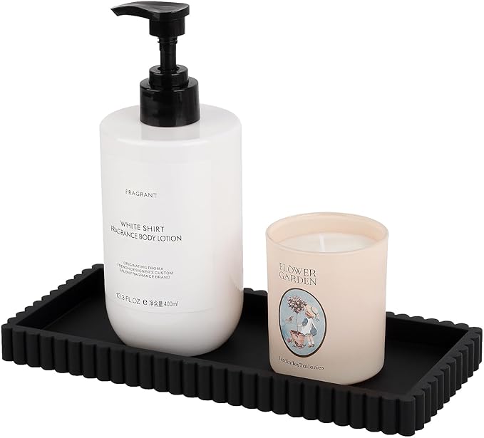 Silicone Bathroom Tray Small Vanity Tray Kitchen Counter Decor, Black | Non Slip, Dishwasher Safe, for Dish Soap, Perfume, Candle, Sponge