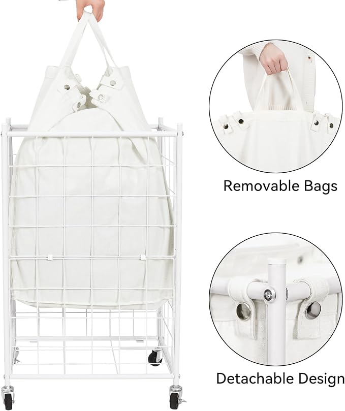 WOWLIVE Rolling Laundry Basket, Metal Wire Frame Laundry Hamper with Wheels | Hamper with Removable Bag, 100L Dirty Clothes Hamper Organizer Dorm Room Storage for Bedroom, Bathroom, White