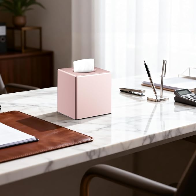 Y-in Hand Square Tissue Box Cover, Cube Facial Tissue Box Holder, Pink | Modern Home Accessory with Removable Bottom for Easy Refills. Designed for Bathroom Vanity, Dressers, Nightstands and Office.