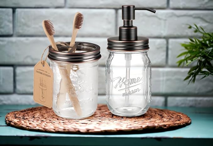 SheeChung Mason Jar Toothbrush Holders, Farmhouse Toothpaste Organizer, 1Pc | Oil Rubbed Bronze Glass Electric Tooth Brush Holder, Bathroom Countertop, Removable Stainless Steel Lid, Rustic Vintage Decor