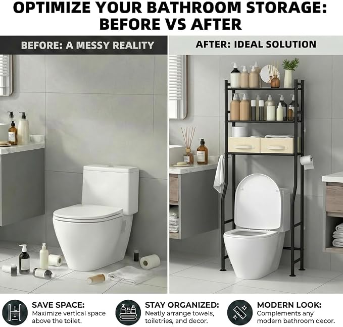 GloTika 3-Tier Over Toilet Storage, Anti-Tilt, 64" H, Black, 2 Baskets | Anti-Tilt Safety System, 150lb Capacity, Carbon Steel, Freestanding, No Drilling, Anti-Rust Coating, Paper Holder & 4 Hooks