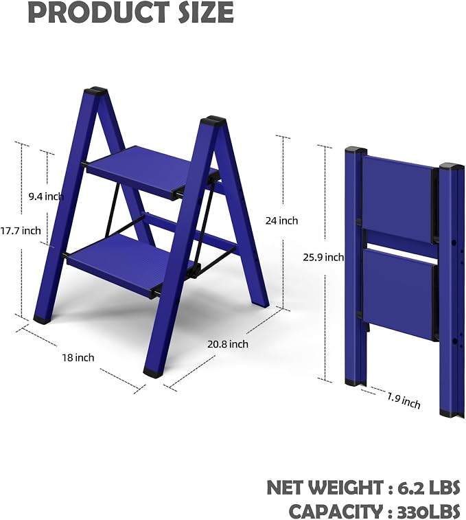 Taranta 2 Step Stool Foldable,Aluminum Step Ladder-Blue | Lightweight,Wide Anti-Slip Pedals,Folding Step Stool,330lbs Capacity for Household,Kitchen,Office