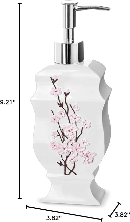 Creative Scents Vanda White Soap Dispenser Bathroom Countertop Lotion Pump | Hand Lotion Dispenser for Liquid Soap with Durable Pump, Modern Cherry Blossom Style