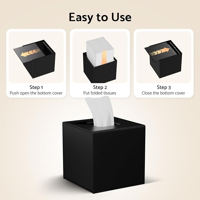 Tissue Box Cover, Acrylic Tissue Holder Napkin Dispenser for Home Office Restaurant Desk Decor, Black Square 5.4x5.4x5.4'' | Bottom Magnet Closure, for Home Office Restaurant Vanity Desk TableTop