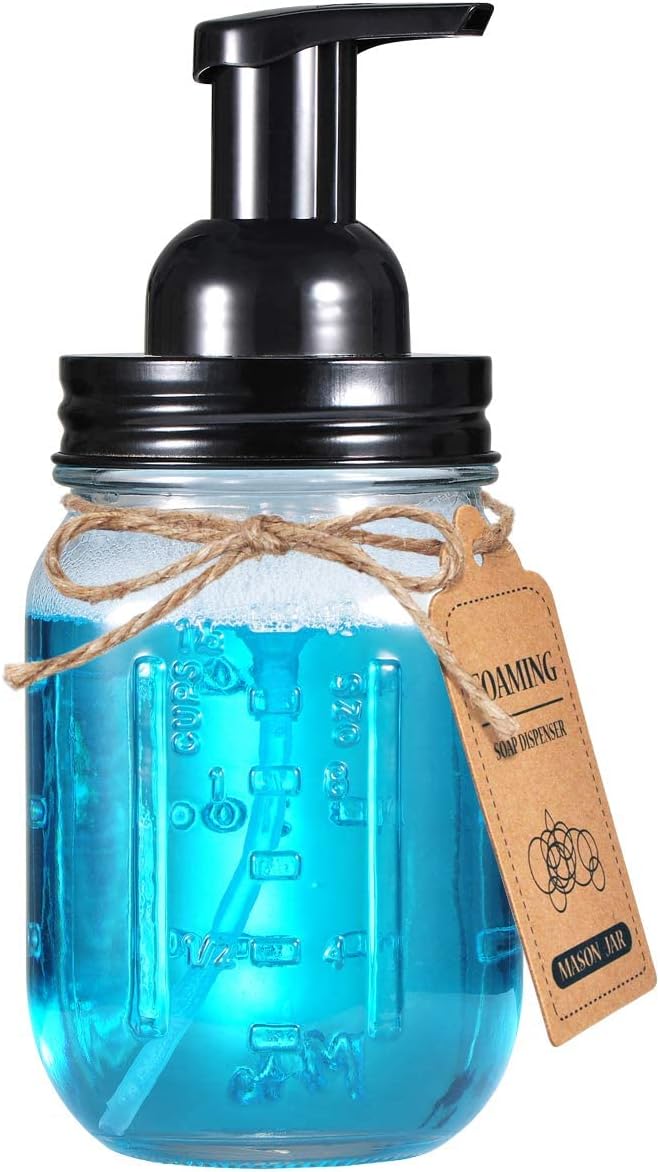 Amolliar Mason Jar Foaming Soap Dispenser, 16oz Hand Dispenser, Black 2Pack | Rustproof Stainless Steel Lid Plastic Soap Pump, Rustic Farmhouse Decor, Refill Foam Hand Soap Dispenser for Bathroom Kitchen