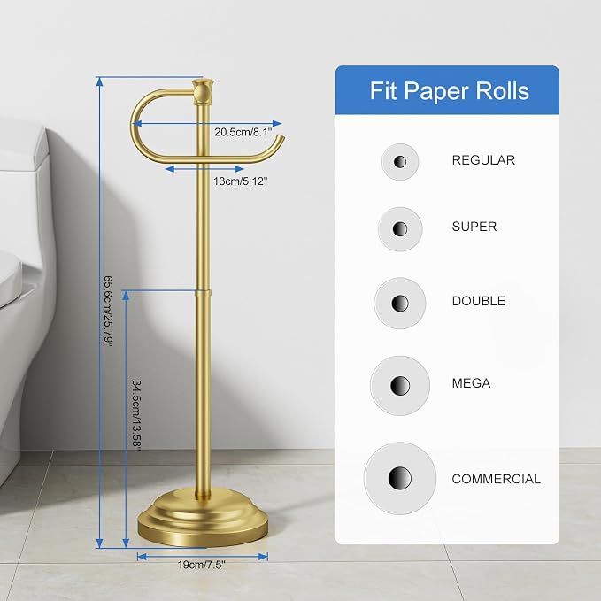 RUMOSE Toilet Paper Holder Stand for Floor Free Standing, Gold | Bathroom Freestanding Toilet Tissue Roll Holder with Storage, Adjustable 17-25 Inch, Rustproof, SUS304 Stainless Steel
