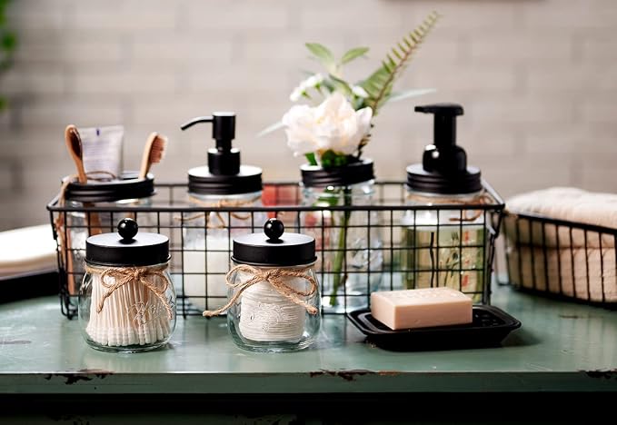 SheeChung Mason Jar Toothbrush Holders, Farmhouse Toothpaste Organizer, 1Pc | Black Glass Electric Tooth Brush Holder for Bathroom Countertop, Removable Stainless Steel Lid,3 Divider,Rustic Vintage Decor