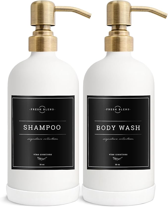 Vine Creations White Glass Soap Dispenser, 2 Pack Kitchen Soap Dispenser Set with Stainless Steel Pump, 16 oz Dish Soap and Hand Soap Dispensers for Bathroom with Waterproof Labels