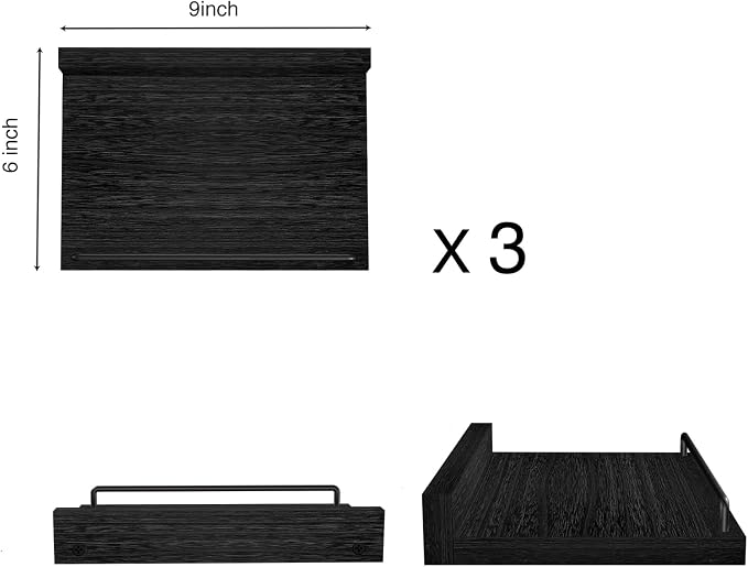 RYOFOBETTO Small Floating Shelf, 6X9 Inches Farmhouse Wall Shelves for Living Room, Bedroom, Picture Frames, Plants, Kitchen, Set of 3 (Black)