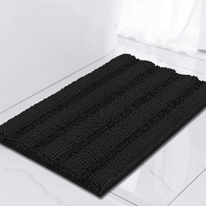 Turquoize Luxury Chenille Bath Rug for Bathroom Rugs Extra Absorbent Bath Mat Non Slip Microfiber Shower Rug for Bathroom Microfiber Shaggy Carpet Rug Size, 17"x 24", Black