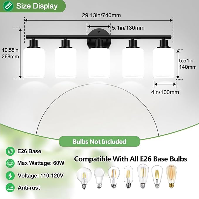 5-Light Bathroom Light Fixtures, Black Modern Vanity Lights with Milky White Frosted Glass Shades, Bathroom Wall Lamp, Clear Glass Shade, for Mirror, Living Room, Kitchen, Hallway, Cabinet, Porch