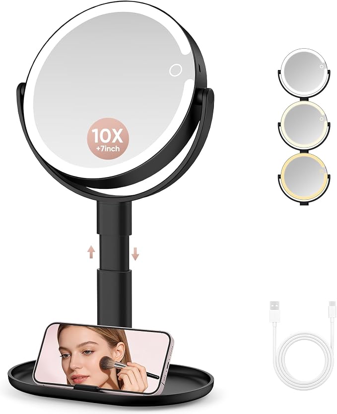 Rechargeable Lighted Makeup Mirror,10X Magnification, 7 Inch | 3 Adjustable Light Colors, Rechargeable Cordless Design, Adjustable Height, Storage Base with Phone Holder,Touch Control