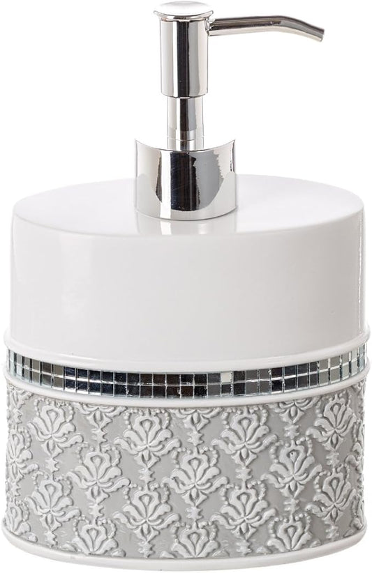 Creative Scents Mirror Damask Grey and White Soap Dispenser | Decorative Hand Soap Dispenser for Bathroom - Modern Countertop Lotion Dispenser with Durable Pump for Elegant Bathroom Decor