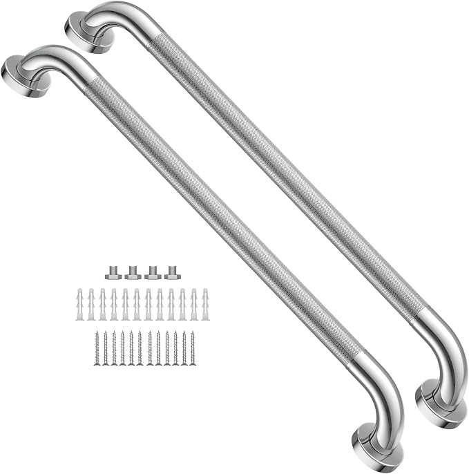 Anti Slip Shower Grab Bar 24 Inch,Chrome Stainless Steel Bath Grab Bar | 2 Packs Knurled Bathroom Safety Rail, Shower Handrail Support, Handicap Elderly Balance Assist Handles-1.25" Diameter