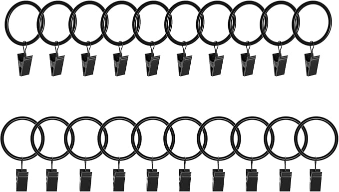 Lansian 20 Pack Curtain Rings with Clips Hooks 1.26 in Diameter Rustproof | Matte Metal Stainless Steel Drapery Rings for Tension Rod Bracket Eyelets Decorative Hanger, Fits 1 in Rods, Black