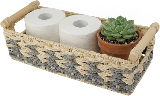 JJSQ Storage Baskets for Organizing with Handles Paper Rope Woven Storage Basket for Shelves Decorative Storage Bins for Toilet Tank Small Boho Home Decor (15.4"×7"×4.7" IN)